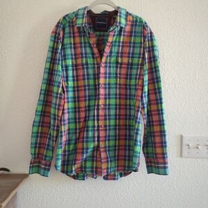 Tommy Bahama Mens Long Sleeve Green Blue Plaid Shirt Size XL